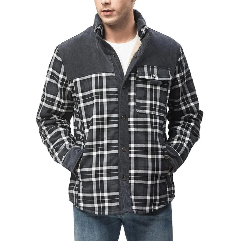Men's Grey Long Sleeve Sherpa Lined Flannel Shirt Jacket Fleeces